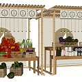 Fresh Farmers Market Stall With Wooden Structure And Hanging Signs Displaying Fruits Vegetables And Bottles