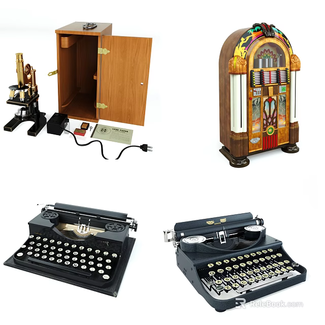 Vintage Office Appliances Collection Featuring Classic Typewriter Microscope And Gramophone Designs 3d model 