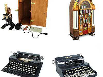 Vintage Office Appliances Collection Featuring Classic Typewriter Microscope And Gramophone Designs 3d model