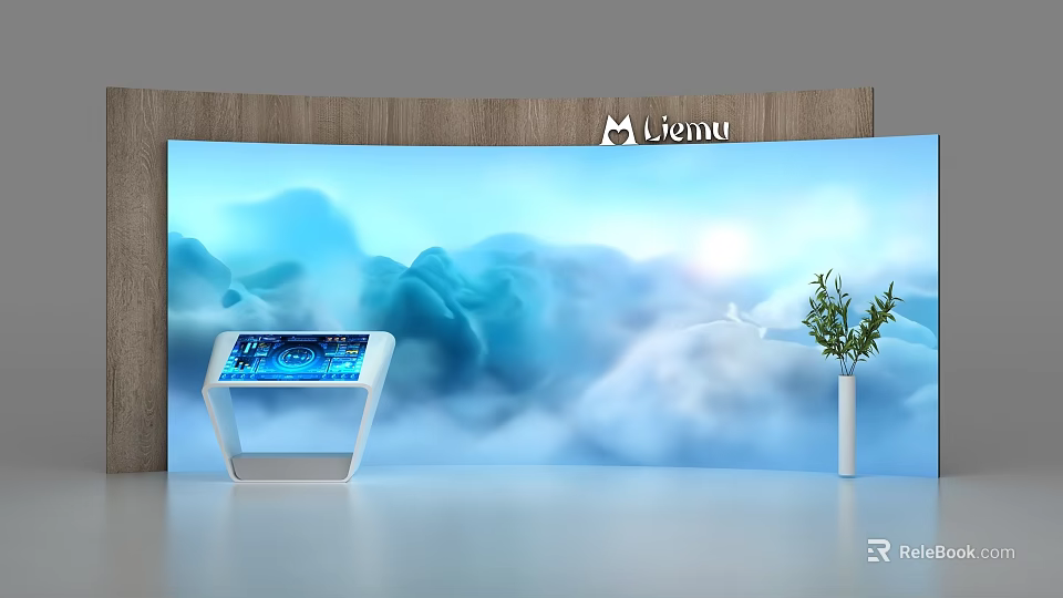 Modern Display Shelf With Touchscreen Display And Blue Cloud Background With Green Plant In Vase 3d model 
