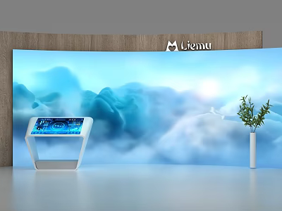 Modern Display Shelf With Touchscreen Display And Blue Cloud Background With Green Plant In Vase 3d model