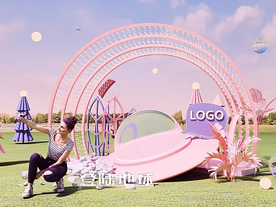 Pink Event Entrance Arch for Landing Earth Activity with Slide Green Plants and Planet Decorations 3d model