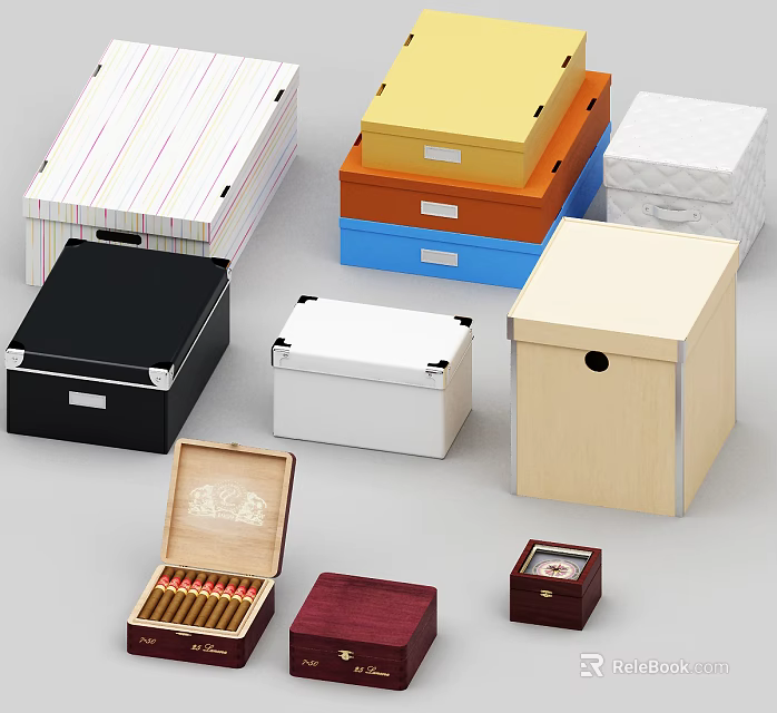 Decorative Ornament Set With Various Colored Wooden Striped Boxes Open Cigar Case And Small 3d model 