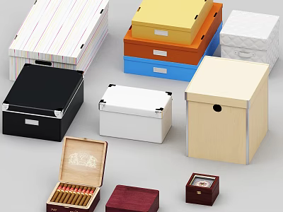 Decorative Ornament Set With Various Colored Wooden Striped Boxes Open Cigar Case And Small 3d model