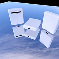 White Square Shaped Headphones And Speakers With Sleek Design In Sky Background