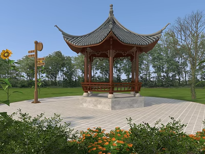 Traditional Chinese Style Pavilion in Park with Green Lawn Trees and Sunflowers 3d model
