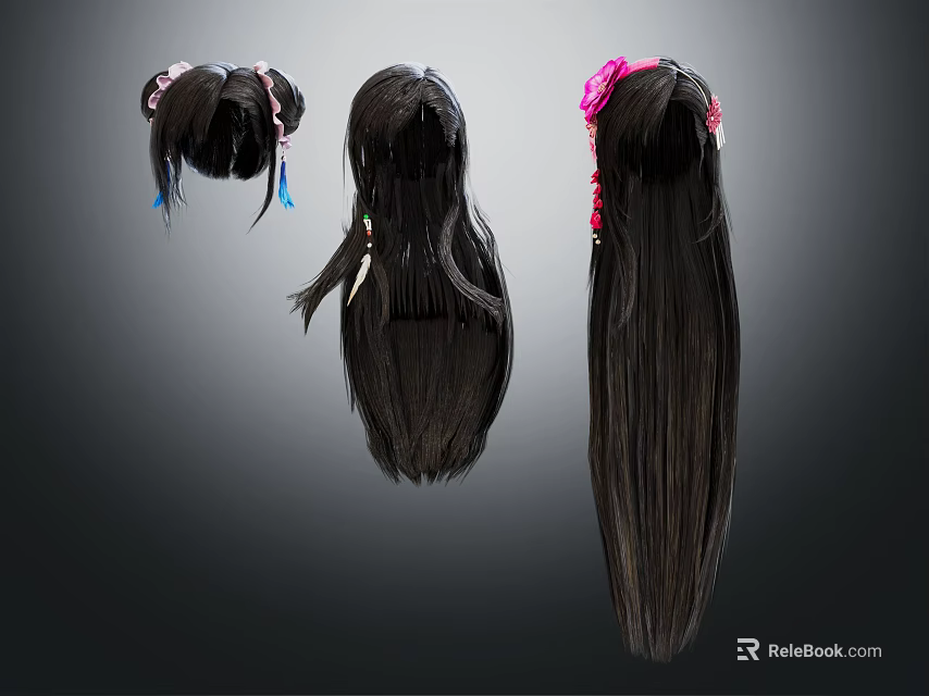 Fashionable Hair Wig Collection With Diverse Designs Flower Decor And Long Straight Hair 3d model 