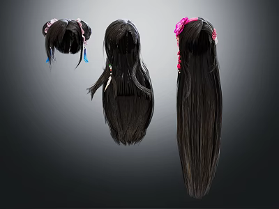 Fashionable Hair Wig Collection With Diverse Designs Flower Decor And Long Straight Hair 3d model