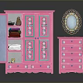 Pink Wardrobe With Open Door And Dresser Furniture Set Featuring Decorative Mirror And Drawers