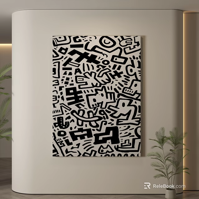Black And White Abstract Wall Art With Geometric Graffiti Patterns Design 3d model 
