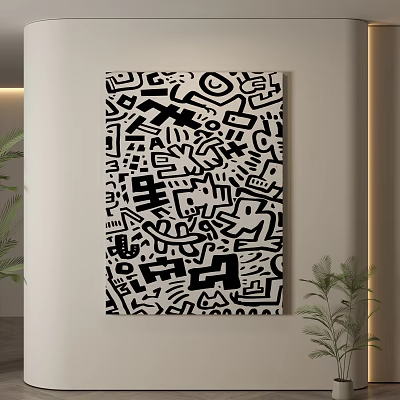 Black And White Abstract Wall Art With Geometric Graffiti Patterns Design 3d model