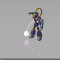 Purple Armored Robot Character Holding Blaster With Orange Cables And Glowing Pink Sphere Creature