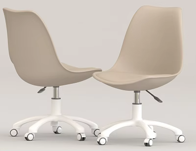 Two Beige Dining Chairs With Curved Design And White Five Star Base Wheels 3d model