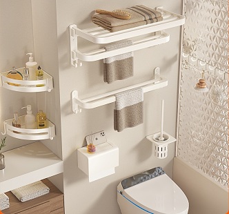 Bathroom Toilet Small Storage Rack Towel Rack Tripod Tissue Box Toilet Brush Clothes Hook Cream Style Hardware Combination 3d model