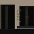 Modern Black Double Doors With Mesh Design Golden Handles And Green Plant