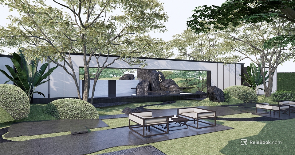 Modern Garden Scenic Wall With Trees Stone Features And Outdoor Seating 3d model 