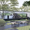 Modern Garden Scenic Wall With Trees Stone Features And Outdoor Seating