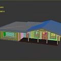 Modern Wooden Building Structure With Sloped Roof Supporting Columns And Glass Windows