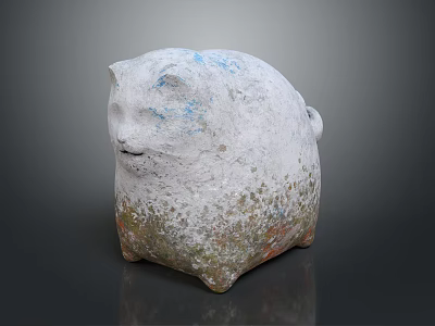 Abstract Hand Carved Cat Sculpture With White Blue And Orange Spots Rough Texture 3d model