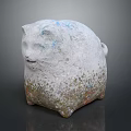 Abstract Hand Carved Cat Sculpture With White Blue And Orange Spots Rough Texture
