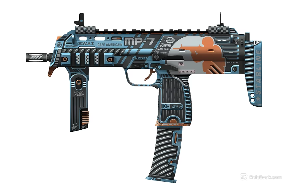 MP7 Submachine Gun With Blue Orange Black And White Decorative Design 3d model 