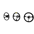Three Black Steering Wheels With Different Spoke Designs On Reflective Surface 3d model
