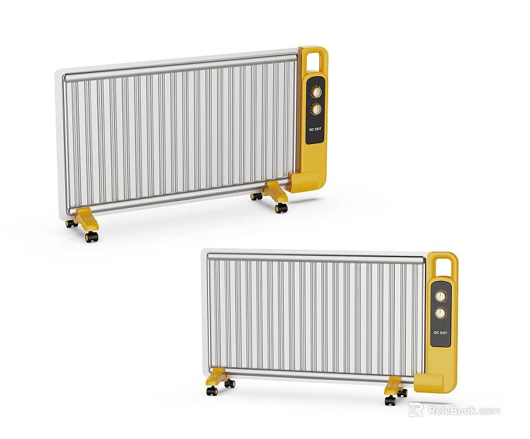Silver Electric Radiators With Yellow Control Panels And Rolling Wheels Design 3d model