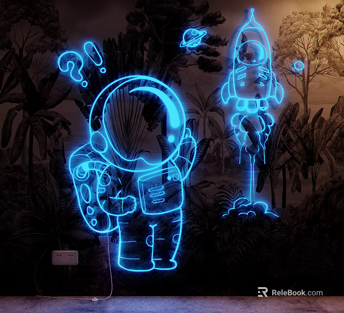 Neon Decorative Lights with Astronaut Rocket and Tropical Plant Designs on Wall 3d model 