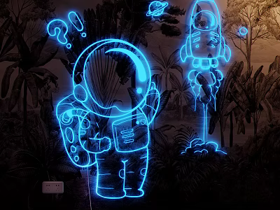 Neon Decorative Lights with Astronaut Rocket and Tropical Plant Designs on Wall 3d model