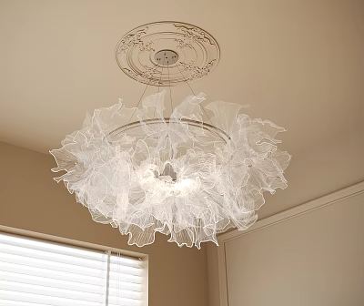 Transparent Petal Shaped Chandelier Hanging From Decorative Ceiling Base In Interior Room With Window Blinds 3d model