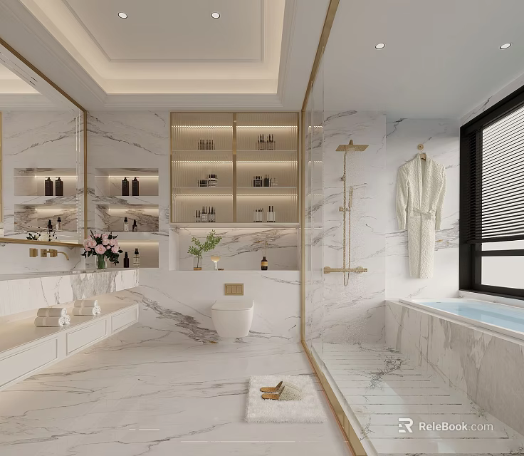 Luxurious Modern Bathroom Interior With Marble Walls Vanity Bathtub And Gold Fixtures 3d model 