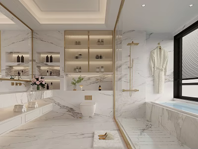Luxurious Modern Bathroom Interior With Marble Walls Vanity Bathtub And Gold Fixtures 3d model