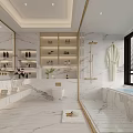 Luxurious Modern Bathroom Interior With Marble Walls Vanity Bathtub And Gold Fixtures