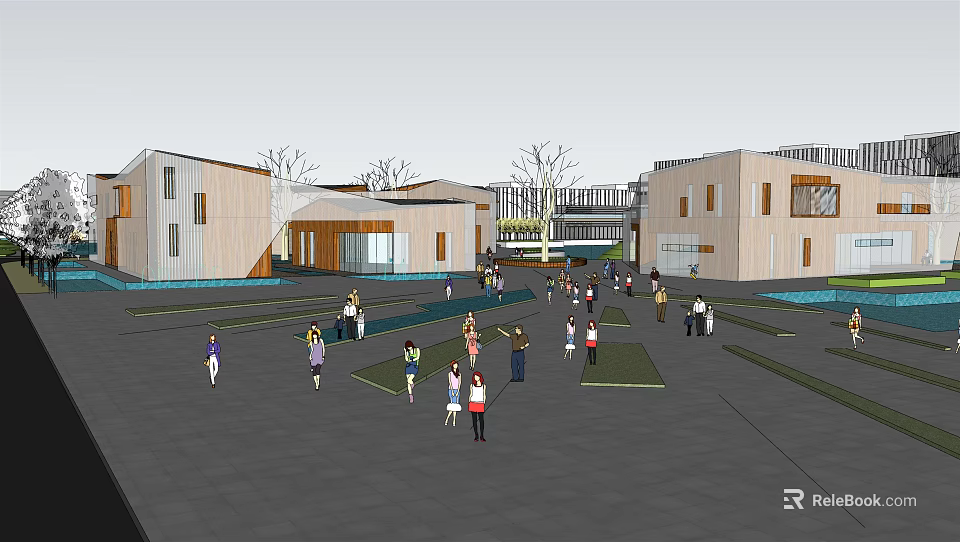 Vibrant Modern Commercial Street With Pedestrians And Open Plaza Design 3d model 