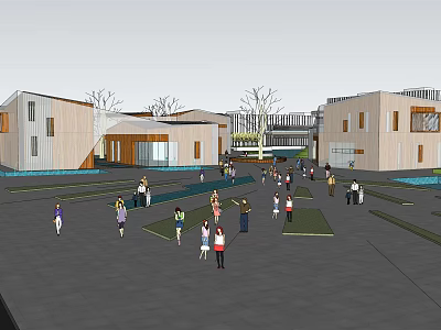 Vibrant Modern Commercial Street With Pedestrians And Open Plaza Design 3d model