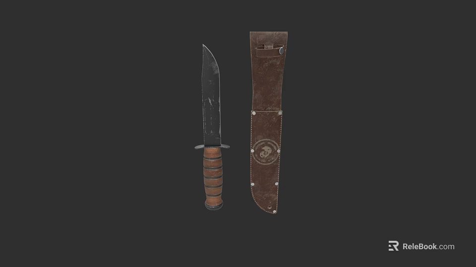 Tactical Knife With Wooden Handle And Brown Leather Sheath Featuring Stitches And Metal Buckle 3d model 