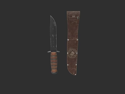 Tactical Knife With Wooden Handle And Brown Leather Sheath Featuring Stitches And Metal Buckle 3d model