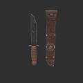 Tactical Knife With Wooden Handle And Brown Leather Sheath Featuring Stitches And Metal Buckle