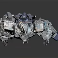 Detailed White Robot Character with Blue Feet and Complex Mechanical Structure on Gray Background