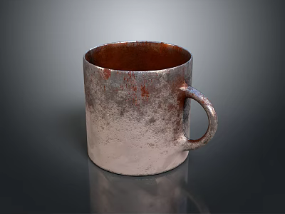 Vintage Metallic Mug With Rusty Distressed Surface On Dark Reflective Background 3d model