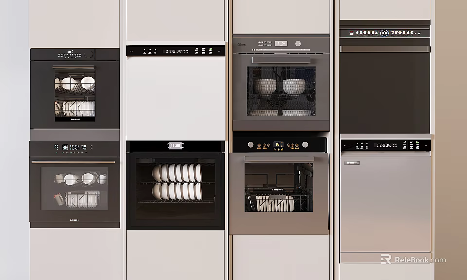 Modern Built-in Kitchen Appliances Ovens And Dishwasher With Organized Interior And Cabinets 3d model 
