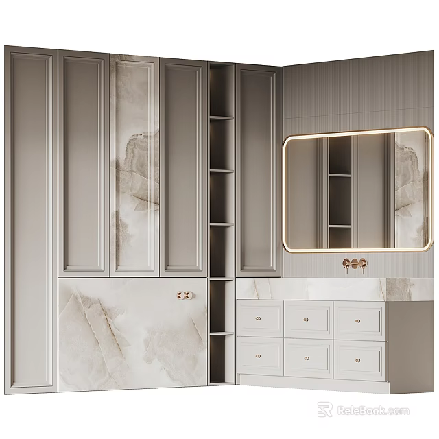 Modern Bathroom Vanity With Marble Countertop Light Gray Cabinets Backlit Mirror And Drawers 3d model 