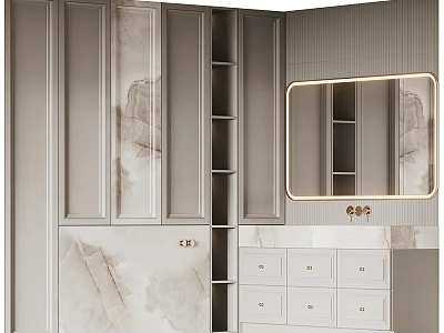 Modern Bathroom Vanity With Marble Countertop Light Gray Cabinets Backlit Mirror And Drawers 3d model