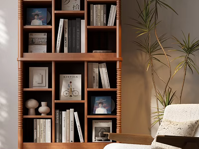 Warm Wooden Bookcase With Multiple Shelves Holding Books Photo Frames Decorative Items And Green Plants 3d model