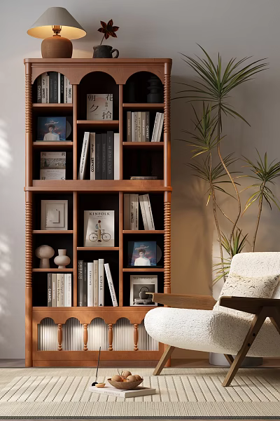 Warm Wooden Bookcase With Multiple Shelves Holding Books Photo Frames Decorative Items And Green Plants 3d model