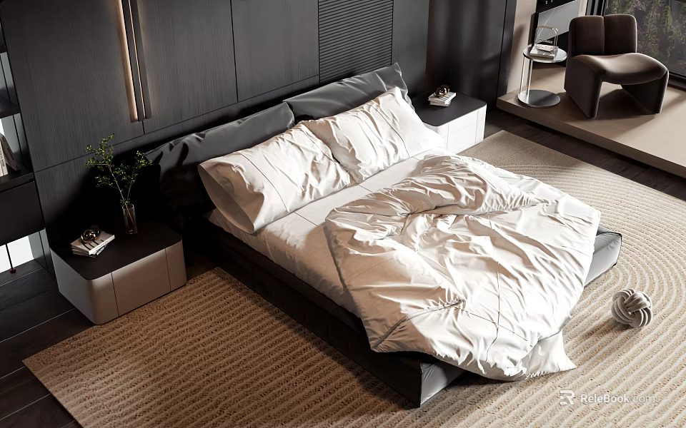 Modern Double Bed With Dark Headboard Bedside Tables White Bedding And Area Rug 3d model 