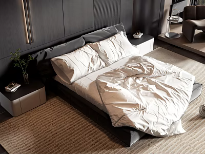 Modern Double Bed With Dark Headboard Bedside Tables White Bedding And Area Rug 3d model
