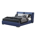 Modern Blue Leather Double Bed Frame With Soft Pillows And Black Blanket 3d model