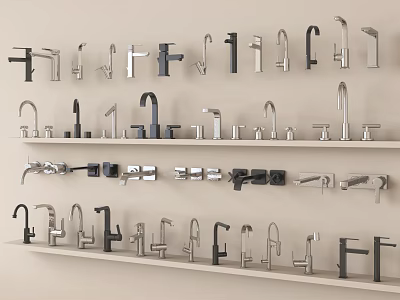 Various Kitchen and Bathroom Faucets Displayed on Shelves with Different Styles 3d model