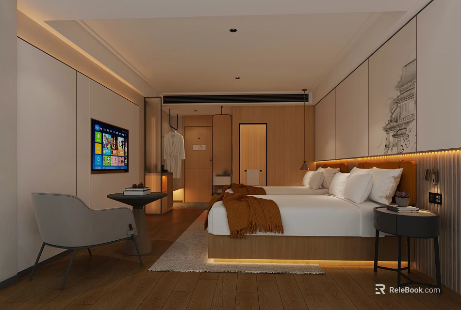 Modern Hotel Guest Room Interior With Double Bed Flat Screen TV Armchair And Wooden Accents 3d model 